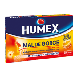 Humex Mal de Gorge Lidocaïne 2mg miel citron sans sucre 24 pastilles