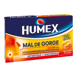 Humex Mal de Gorge Lidocaïne sans sucre goût menthe glaciale 25 pastilles