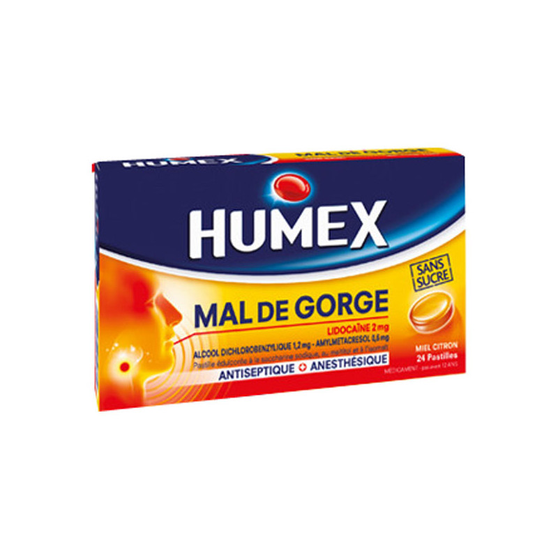 Humex Mal de Gorge Lidocaïne sans sucre goût menthe glaciale 25 pastilles