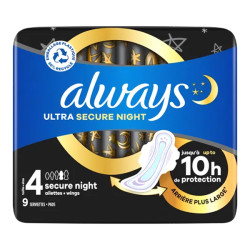 Always Ultra Secure Night taille 4 - 9 serviettes avec ailettes