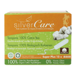 Silver Care Tampons sans applicateur super plus en coton bio 15 unités