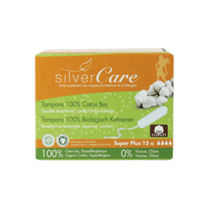 Silver Care Tampons sans applicateur super plus en coton bio 15 unités