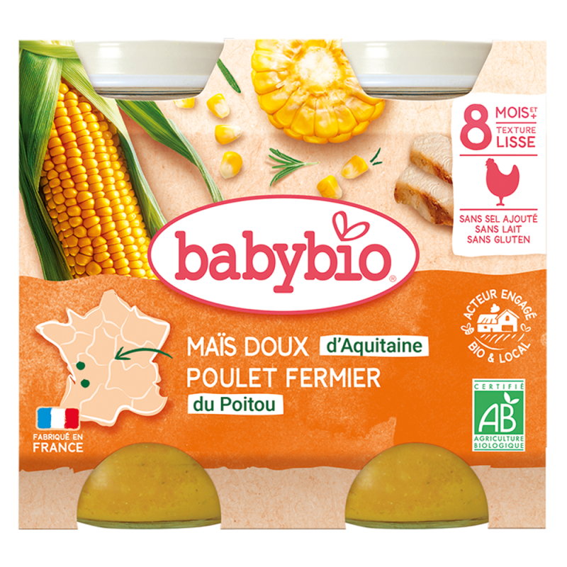 Babybio maïs doux poulet fermier dès 8 mois 2x200gr