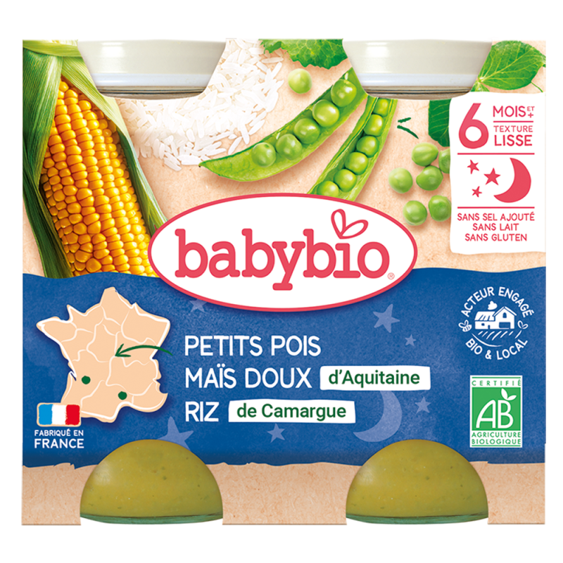 Babybio petits pois maïs doux riz dès 6 mois 2x200gr