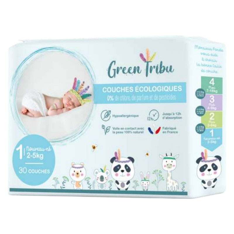 Green Tribu 30 couches hypoallergénique pour bébé taille 1 - 2 à 5kg