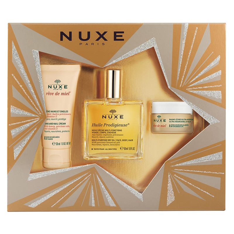Nuxe Coffret Huile prodigieuse 50ml + Crème mains 30ml + Baume lèvres 15gr