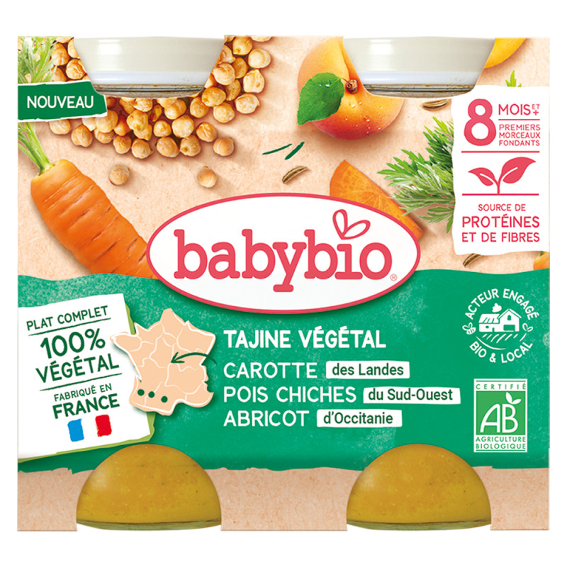 Babybio Tajine Végétal Carotte des landes, pois chiches du sud-ouest, abricot 2x200gr