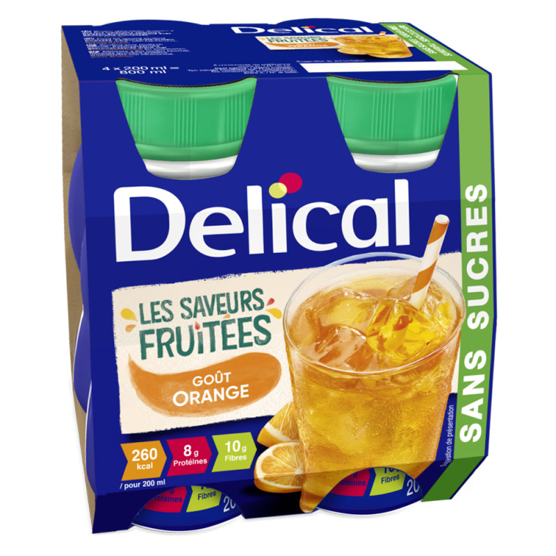 Delical Boissons Fruitées sans sucres saveurs Orange 4x200ml