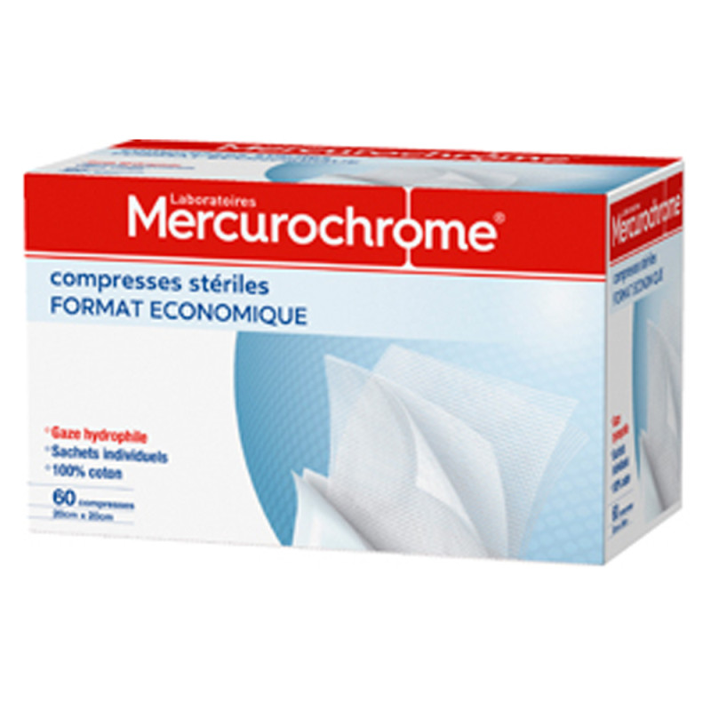Mercurochrome Compresses Stériles Format Économique 20cm x 20cm 60 unités