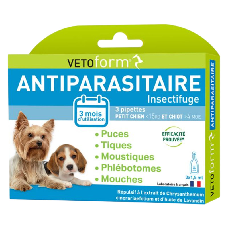 Vetoform Antiparasitaire Petit chien moins de 10kg 3 pipettes