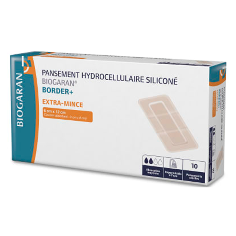 Biogaran Border+ Pansement hydrocellulaire siliconé 6cmx12cm boîte de 10