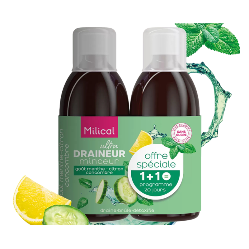 Milical Draineur Ultra Minceur menthe-citron concombre lot de 2x500ml