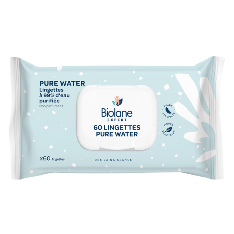 Biolane Expert Pure water 60 lingettes non parfumées