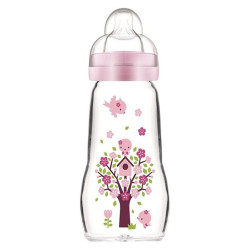 MAM Biberon en verre +2 mois tétine débit 2 Rose 260ml