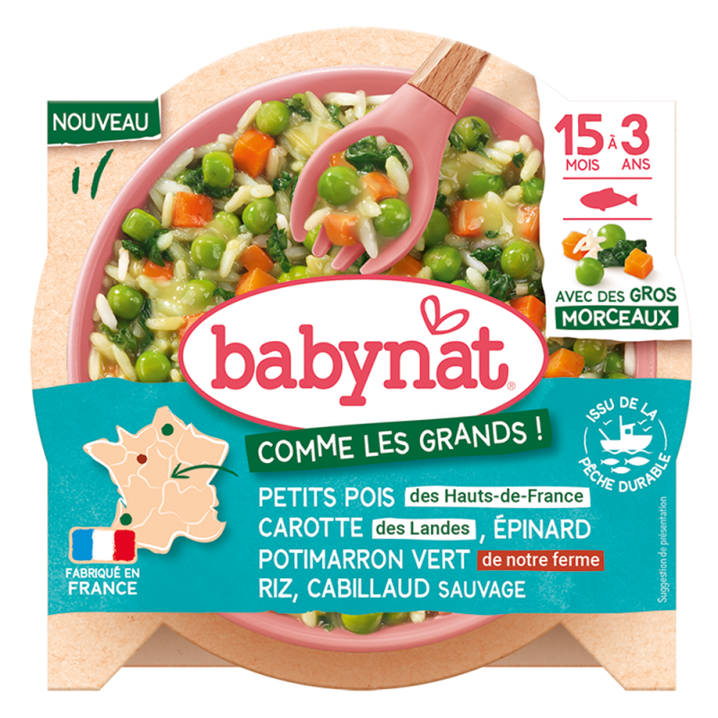 Babybio Babynat Petits Pois Carotte Épinard Potimarron Vert Riz & Cabillaud Sauvage de 15 mois à 3 ans 200gr