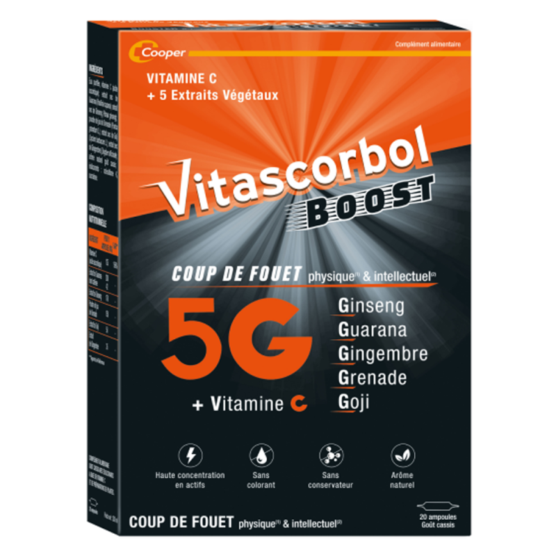 Vitascorbol Boost 5G goût cassis 20 ampoules
