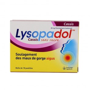 Lysopaïne Maux De Gorge Ambroxol Cassis 20mg sans sucre 18 Pastilles