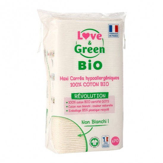 Love & green maxi-carrés hypoallergéniques 100% coton bio 70 pièces