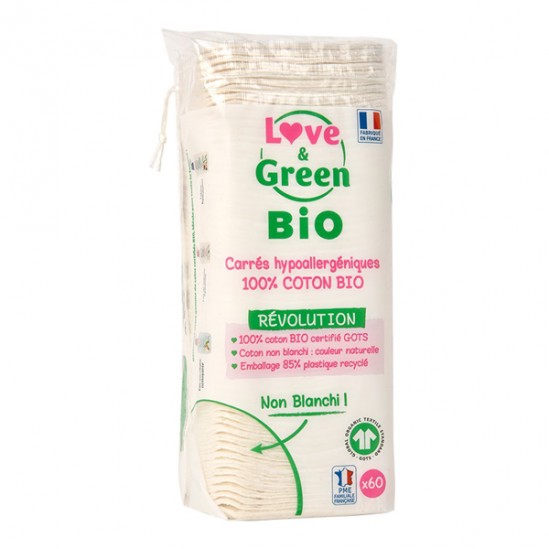 Love & green carrés hypoallergéniques 100% coton bio 60 pièces