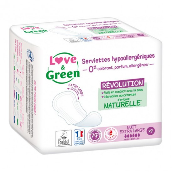Love & green serviettes hypoallergéniques nuit extra large 9 pièces