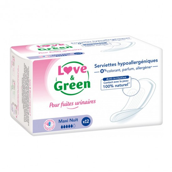 Love & green serviettes hypoallergéniques maxi nuit 12 pièces