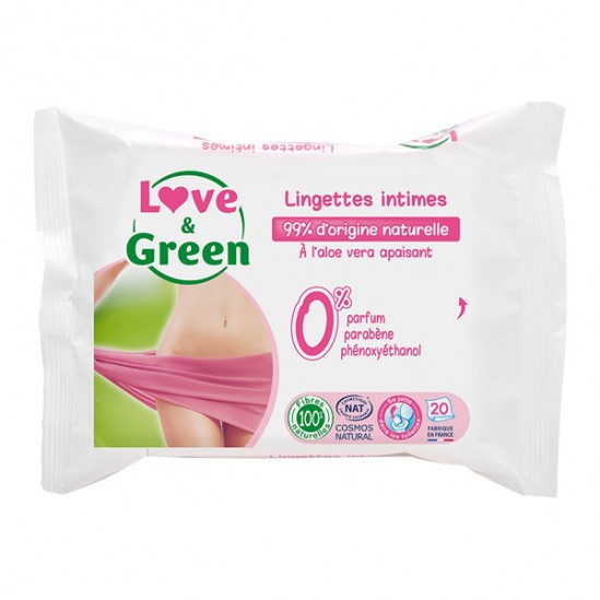 Love & green lingettes intimes à l'aloe vera apaisant paquet de 20