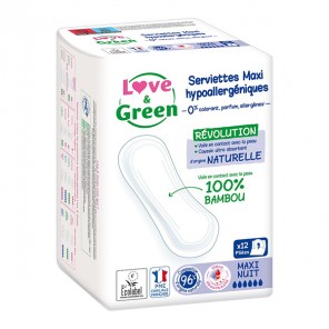 Love & green serviettes hypoallergéniques anti-irritation maxi nuit paquet de 12