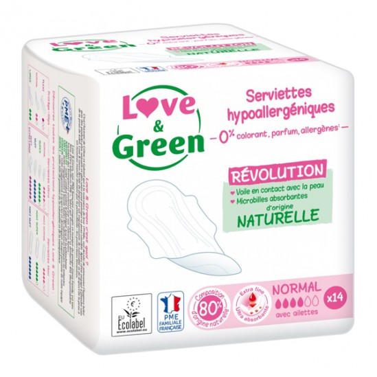 Love and green serviettes hypoallergéniques anti-irritation normal paquet de 14