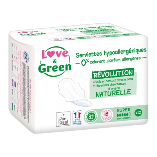 Love & green serviettes hypoallergéniques anti-irritation super paquet de 12