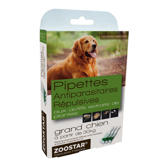 Zoostar 3 pipettes antiparasitaires répulsives chien 30kg et +