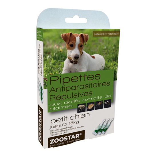 Zoostar 3 pipettes antiparasitaires répulsives chien 15kg et -