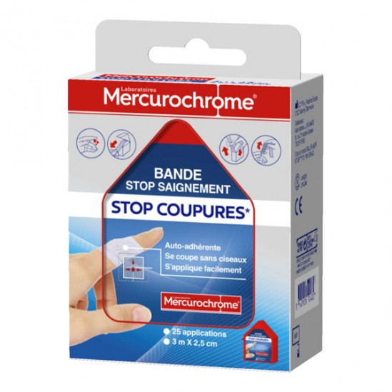Mercurochrome Stop Coupures bande stop saignement 3m x 2,5cm