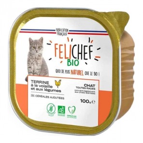 Felichef terrine sans céréales volaille et légumes bio pour chat 100gr