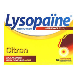 Lysopaïne Maux de Gorge Ambroxol citron 20 mg sans sucre 18 pastilles